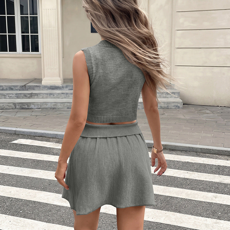 Casual V-Neck Knitted Crop Vest and Mini Skirt Two-Piece Set for Women